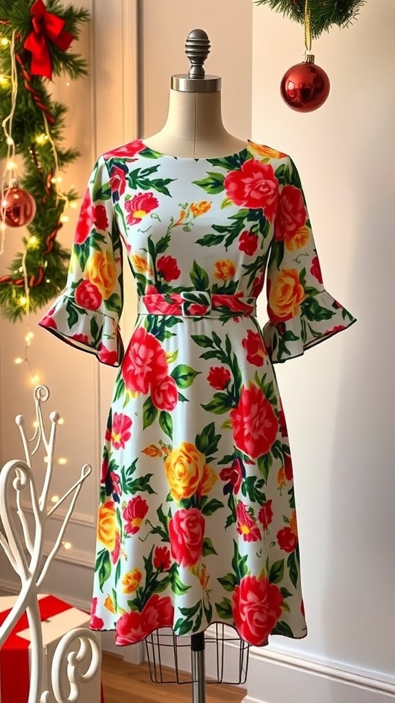 A 70s-inspired Christmas party dress with floral patterns and flared sleeves, set against a festive backdrop.